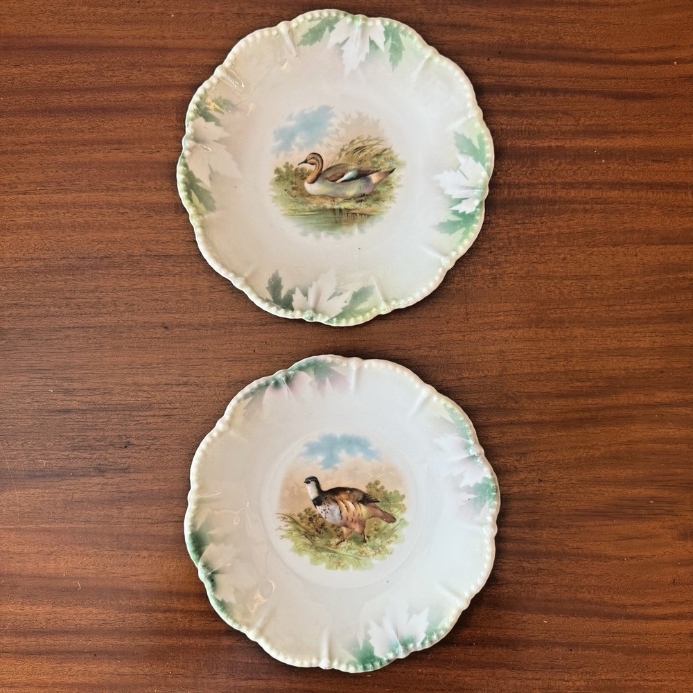 Vintage Silesien Game Bird Plate Mint Green‎ Luster Pink Flowers